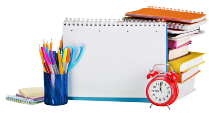 Collection of colorful stationery supplies with spiral notebook, stack of books, pens and alarm clock for education and office work, isolated on transparent background, PNG
