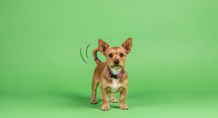 Curious terrier mix dog with alert ears and wagging tail on green background