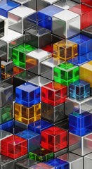 Abstract 3D cubes in vibrant colors and metallic finishes create dynamic geometric patterns