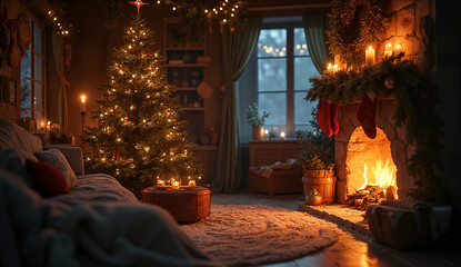Cozy Candle Christmas Room with Stockings, Garlands, and Glowing Tree by Fireplace — Rustic Holiday Interior