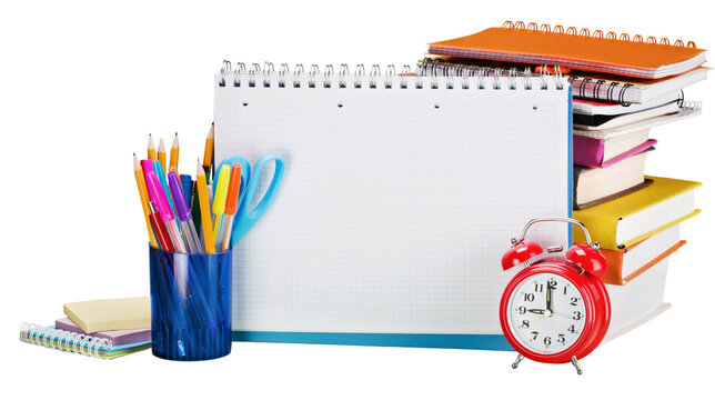 Collection of colorful stationery supplies with spiral notebook, stack of books, pens and alarm clock for education and office work, isolated on transparent background, PNG - Powered by Adobe