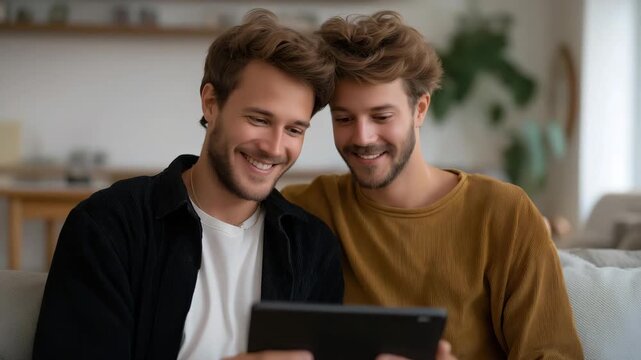 Young LGBTQ+ couple smiling at a digital tablet while registering their marriage online, emotion of convenience and joy visible, symbolizing modern digital civil registration, equal rights, and