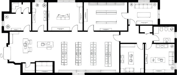 Commercial retail store floor plan with aisles, shelves, checkout counters, and back rooms