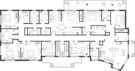Detailed floor plan of a large multiroom building, possibly a hotel or mansion