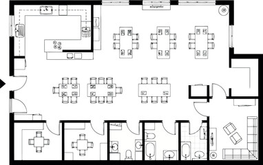 Floor plan of a restaurant or cafe layout with seating, kitchen, and restrooms © SampaRani
