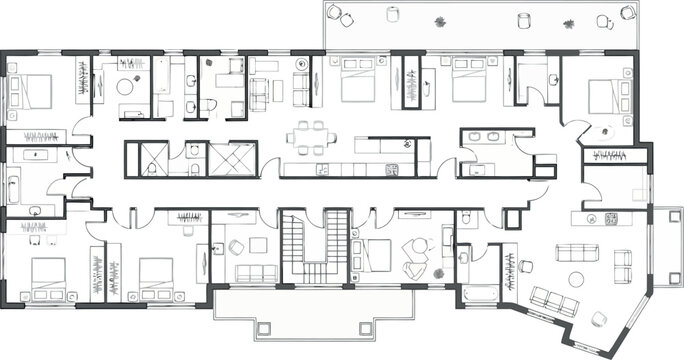 Detailed floor plan of a large multiroom building, possibly a hotel or mansion