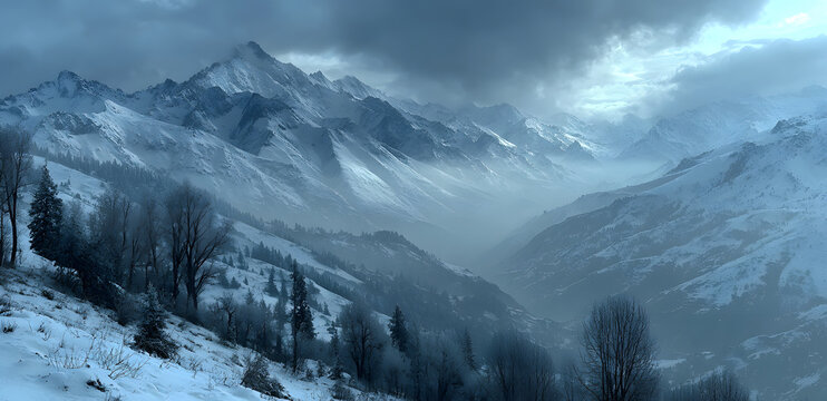 Panorama of the foggy winter landscape in the mountains