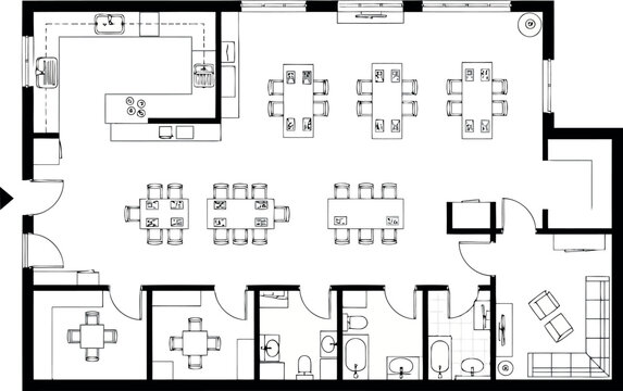 Floor plan of a restaurant or cafe layout with seating, kitchen, and restrooms