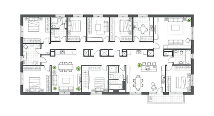 Handdrawn floor plan of a spacious residential apartment with detailed room layouts