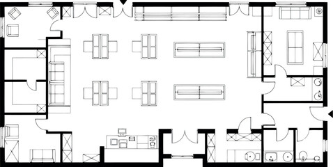 Floor plan of a retail store or commercial space with display shelves, checkout counters, and seating areas