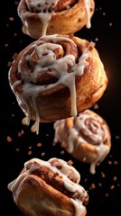 Cinnamon rolls are shown floating and dripping with sweet icing