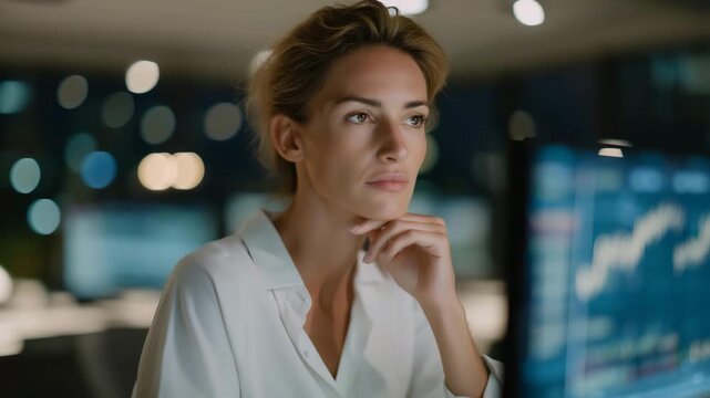 AI-assisted crypto trading algorithm analyzing market trends in a futuristic office, emotion of focus and precision visible, symbolizing predictive financial modeling, blockchain trading
