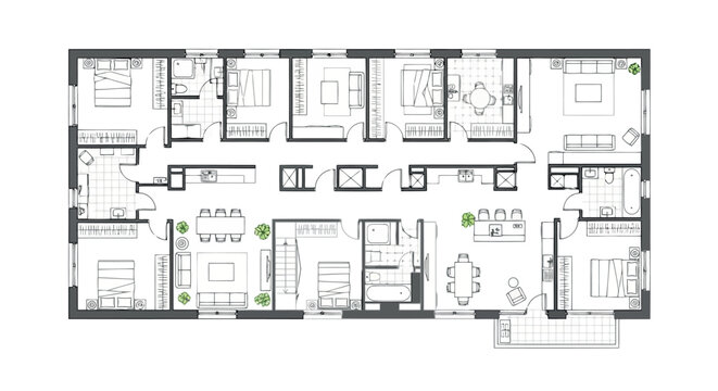 Handdrawn floor plan of a spacious residential apartment with detailed room layouts