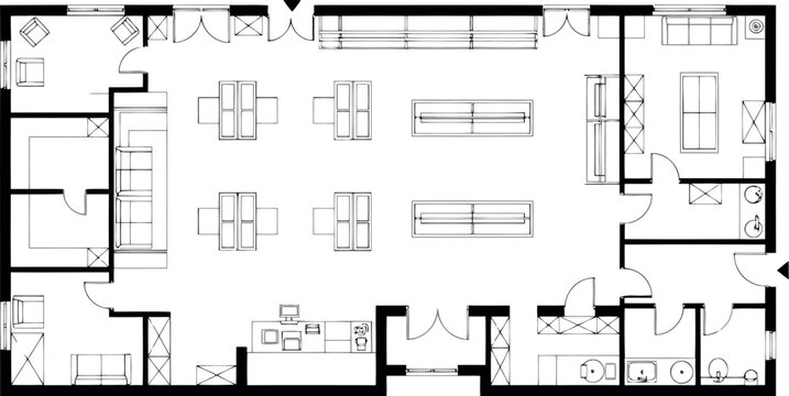 Floor plan of a retail store or commercial space with display shelves, checkout counters, and seating areas