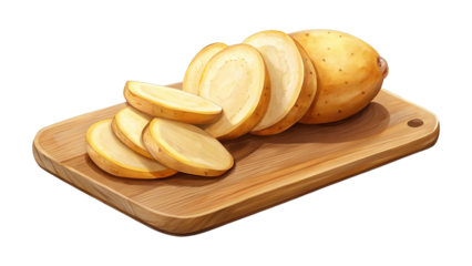 Sliced potato on wooden cutting board, food photography art illustration design