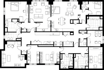 Architectural floor plan of a large apartment with multiple bedrooms and bathrooms