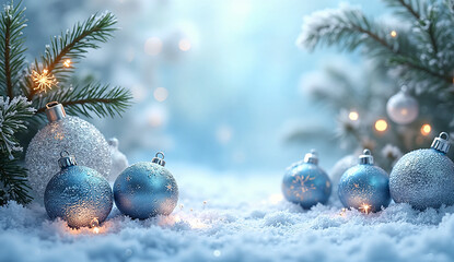 Icy Blue and Silver Christmas Decorations with Snowflakes and Frosty Pine Branches — Elegant Winter Holiday Background