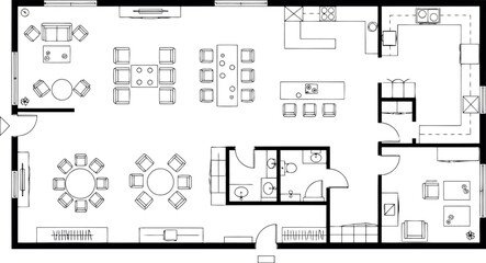 Architectural floor plan of a commercial space with offices, meeting rooms, and restrooms
