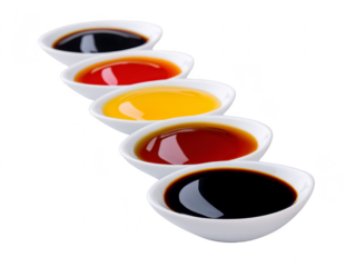 Assorted sauces in white ceramic bowls, including soy sauce, chili sauce, mustard, and barbecue sauce, arranged in diagonal line on transparency background, creating vibrant and appetizing display