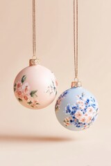 Minimalist red and white Christmas baubles hanging on brown ribbons.