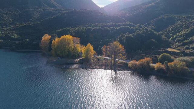 beautiful drone view road trip route from Queenstown to te anau along Wakatipu lake in autumn season we can see a lot of colorful autumn leaves in South Island New Zealand 