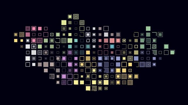 Mongolia animated country shape. Pulsating colored dots on the map of the country. Large size square blocks. Digital style Mongolia map on dark background. Vibrant animation video.