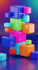 Vibrant geometric blocks stack dynamically in a playful, modern abstract composition