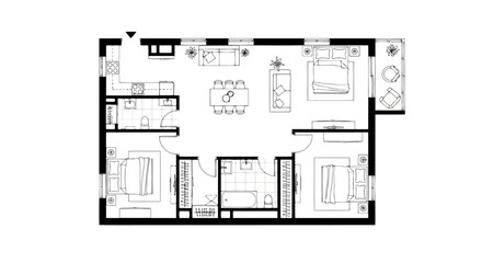 Detailed 3 bedroom apartment floor plan with balcony and modern layout