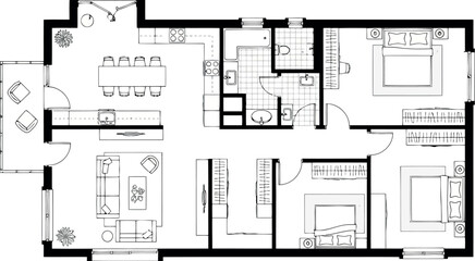 Modern 3 bedroom apartment floor plan with living room, dining area, and kitchen