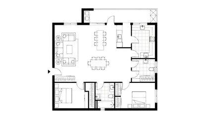 Topdown view of a house floor plan showing living room, kitchen, and bedrooms