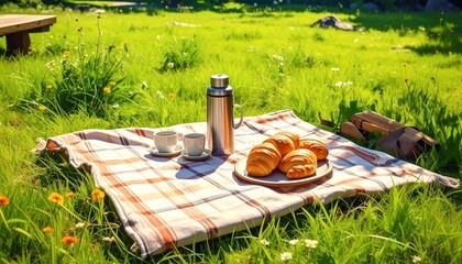 Picnic scene with croissants, coffee, and thermos on a checkered blanket. Perfect for food, outdoor, relaxation, and lifestyle concepts.