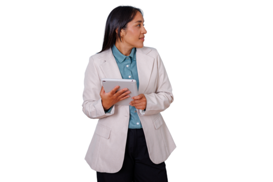 Professional businesswoman holding a tablet, looking away, working on digital strategy, transparent background