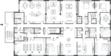 Architectural floor plan of a commercial space with offices, meeting rooms, and reception area