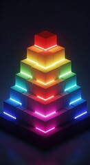Vibrant rainbow cube pyramid glows with modern neon edge lighting against dark backdrop