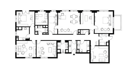 Architectural floor plan drawing of a multiunit residential building with various room layouts