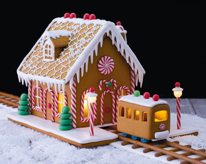Gingerbread house with train and snowy landscape Christmas
