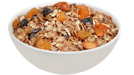 A white ceramic bowl filled with crunchy granola, oats, almonds, raisins, and dried apricots for healthy breakfast nutrition, isolated on transparent background, PNG.