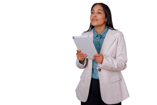 Businesswoman holding tablet, looking up, standing in a professional corporate posture, transparent background - Powered by Adobe