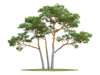 Tall pine tree with green needle foliage and textured brown bark, standing on grassy ground, evokes peaceful natural forest atmosphere, perfect for landscape design