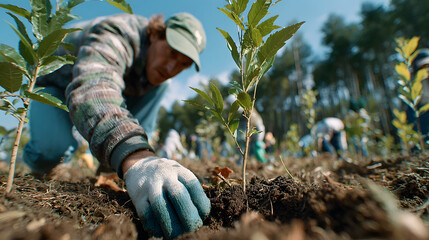 Volunteers are planting young trees together in a forested area, working collaboratively under a clear blue sky on a community service day.
