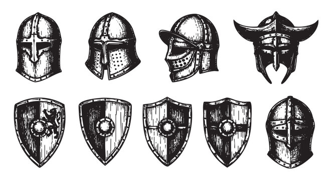 Detailed black ink illustrations of various medieval helmets and shields, showcasing different styles from the era in a traditional sketch artistic style.