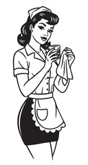Obraz premium Black and white retro-style drawing of a young caucasian female waitress in a vintage uniform, holding a glass and cleaning cloth with a confident smile.