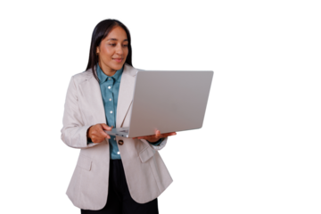 Professional woman standing, smiling, and holding a laptop, engaged in remote work or online communication
