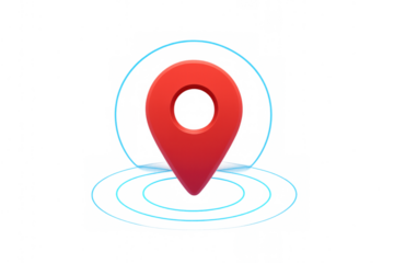Red 3d location pin icon with radiating blue waves showing gps navigation and pinpointing service on transparent background