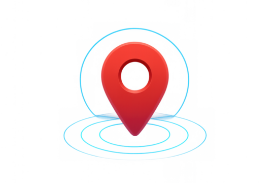 Red 3d location pin icon with radiating blue waves showing gps navigation and pinpointing service on transparent background