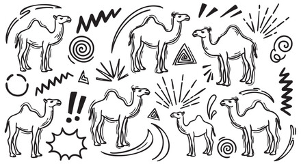 Fototapeta premium Black outline drawing of camels surrounded by abstract geometric shapes and swirls, creating a playful and dynamic composition.