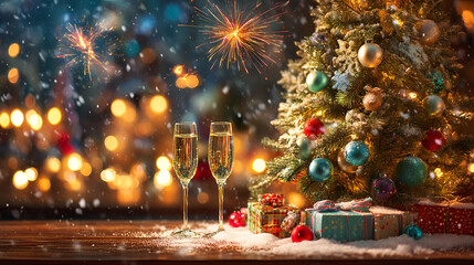 Two champagne glasses, a decorated Christmas tree with ornaments, presents, and fireworks in the background, capturing a festive holiday and New Year celebration
