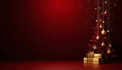 Luxurious Dark Red and Gold Christmas Background with Decorated Tree, Golden Presents, and Baubles — Premium Banner Holiday Design