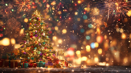 Two champagne glasses, a decorated Christmas tree with ornaments, presents, and fireworks in the background, capturing a festive holiday and New Year celebration