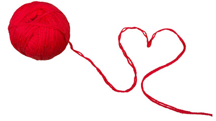 Red yarn ball with extended thread forming a heart shape symbolizing love, creativity, and handmade craft concepts, isolated on transparent background, PNG.